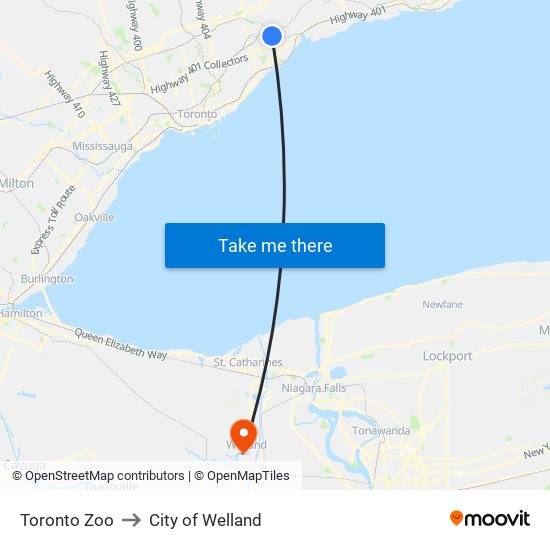 Toronto Zoo to City of Welland map