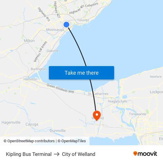 Kipling Bus Terminal to City of Welland map