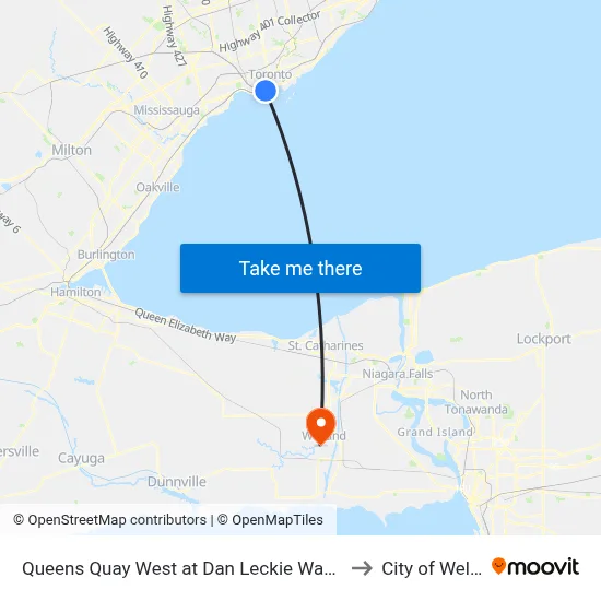Queens Quay West at Dan Leckie Way East Side to City of Welland map