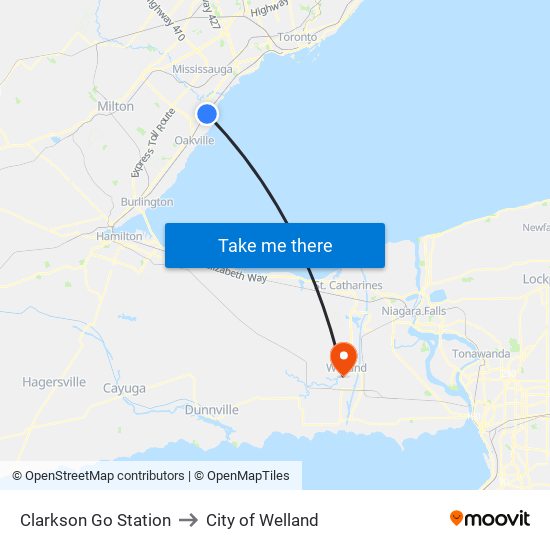Clarkson Go Station to City of Welland map