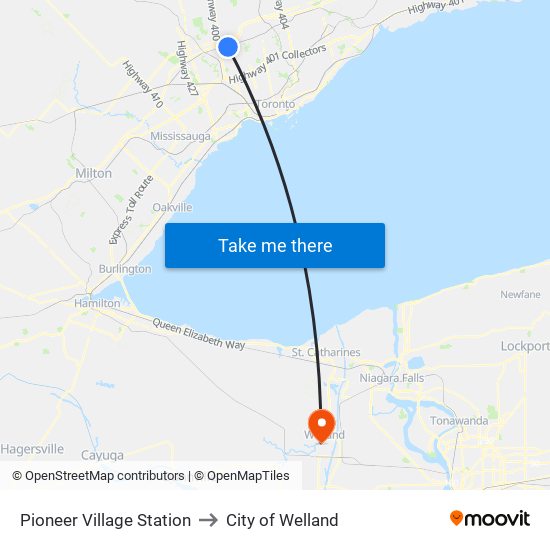 Pioneer Village Station to City of Welland map