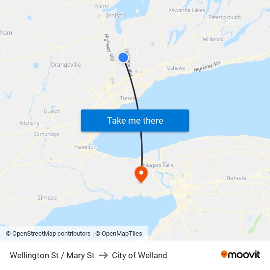 Wellington St / Mary St to City of Welland map