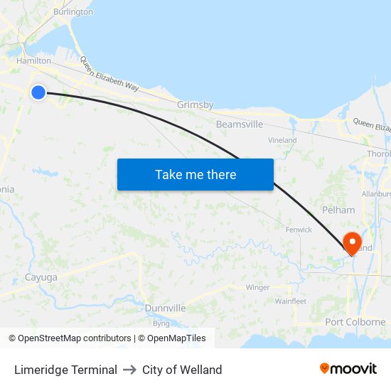 Limeridge Terminal to City of Welland map