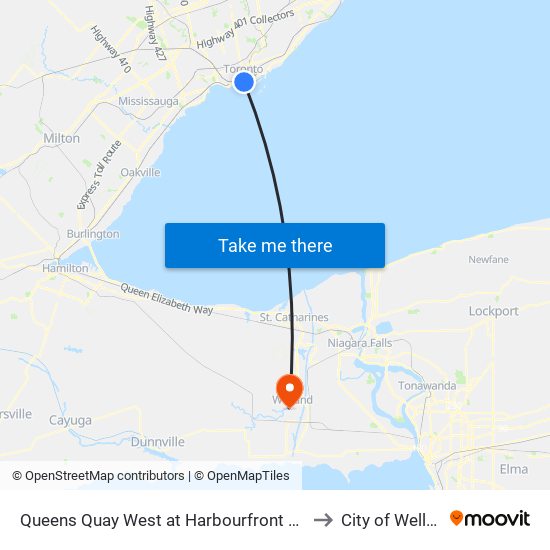 Queens Quay West at Harbourfront Centre to City of Welland map