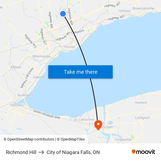 Richmond Hill to City of Niagara Falls, ON map