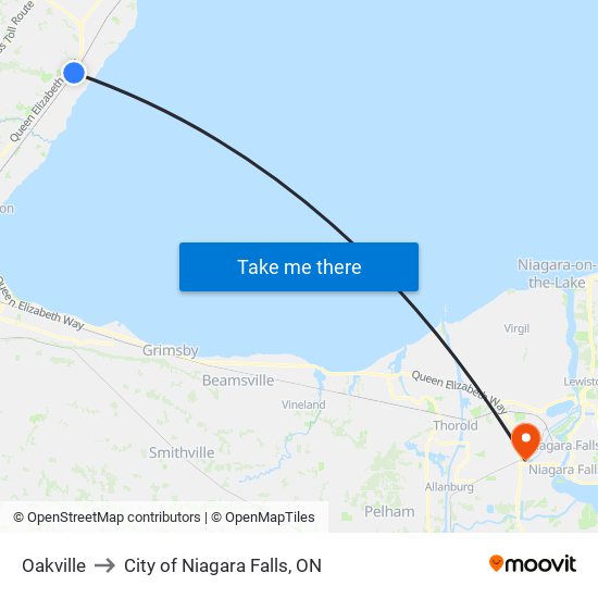 Oakville to City of Niagara Falls, ON map