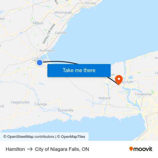 Hamilton to City of Niagara Falls, ON map