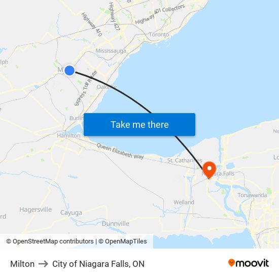Milton to City of Niagara Falls, ON map