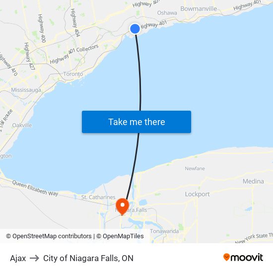 Ajax to City of Niagara Falls, ON map