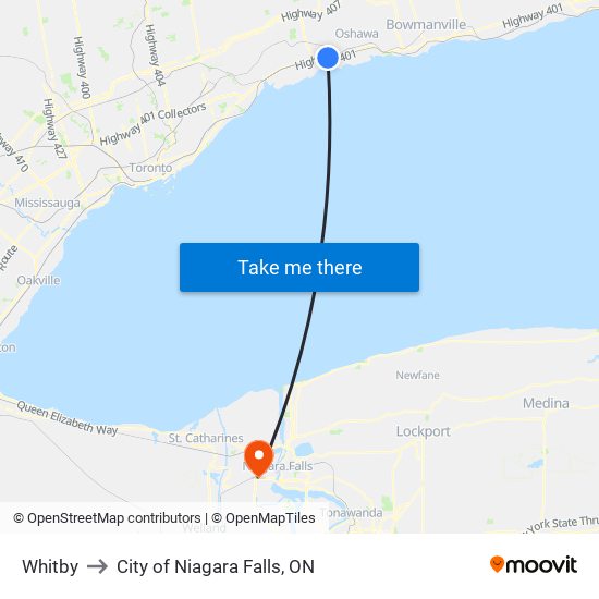 Whitby to City of Niagara Falls, ON map