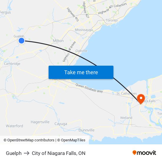 Guelph to City of Niagara Falls, ON map