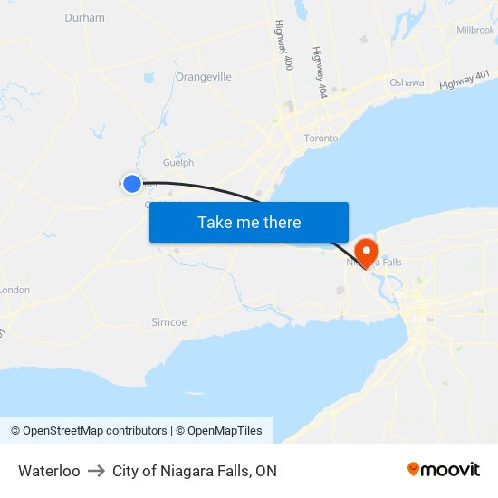 Waterloo to City of Niagara Falls, ON map