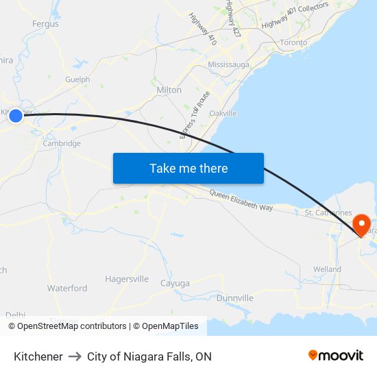 Kitchener to City of Niagara Falls, ON map