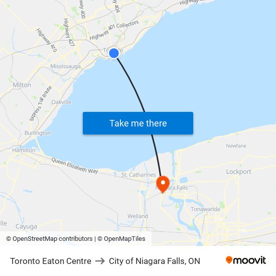 Toronto Eaton Centre to City of Niagara Falls, ON map