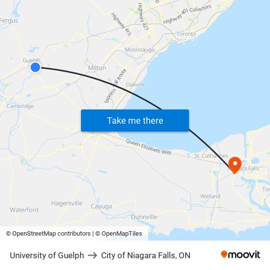 University of Guelph to City of Niagara Falls, ON map