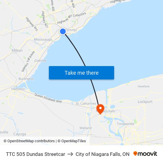 TTC 505 Dundas Streetcar to City of Niagara Falls, ON map