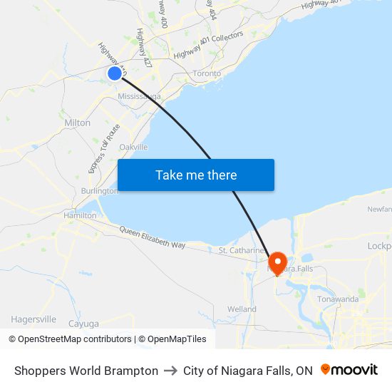 Shoppers World Brampton to City of Niagara Falls, ON map