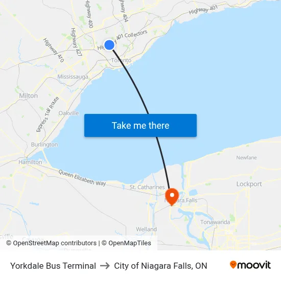 Yorkdale Bus Terminal to City of Niagara Falls, ON map