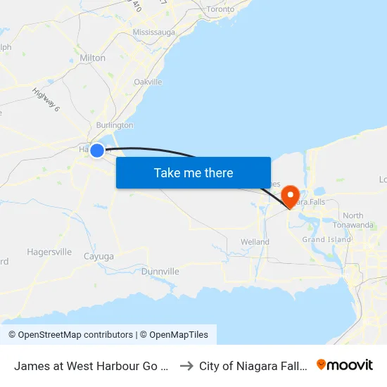 James at West Harbour Go Station to City of Niagara Falls, ON map
