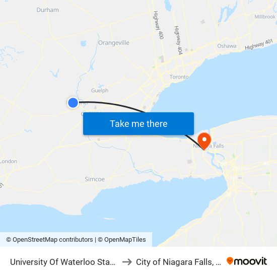 University Of Waterloo Station to City of Niagara Falls, ON map