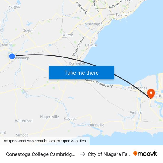 Conestoga College Cambridge Campus to City of Niagara Falls, ON map