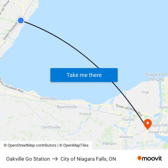 Oakville Go Station to City of Niagara Falls, ON map