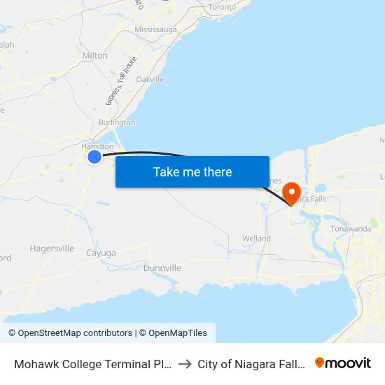Mohawk College Terminal Pltfrm 1 to City of Niagara Falls, ON map
