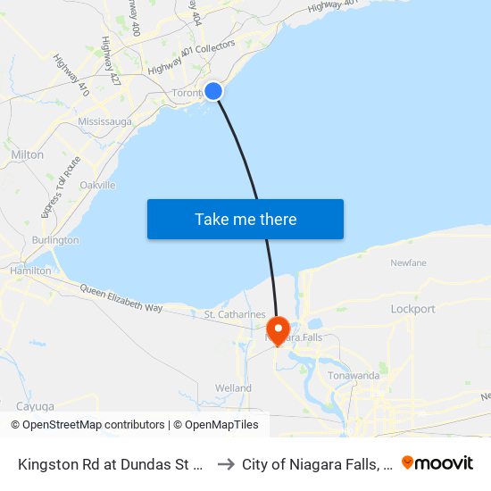 Kingston Rd at Dundas St East to City of Niagara Falls, ON map