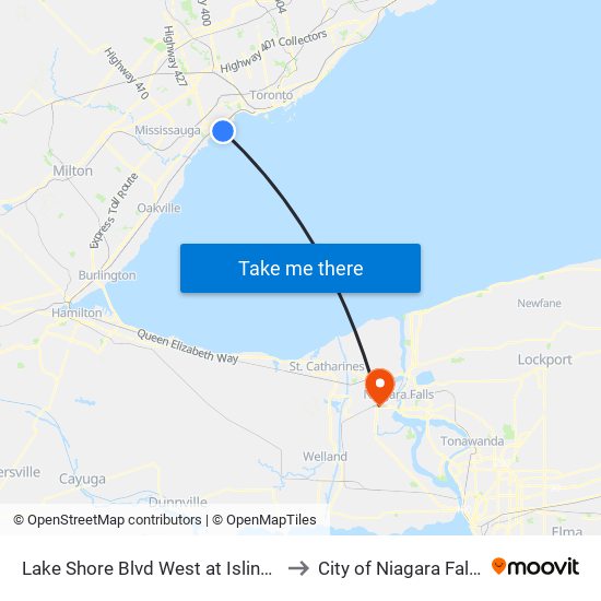 Lake Shore Blvd West at Islington Ave to City of Niagara Falls, ON map