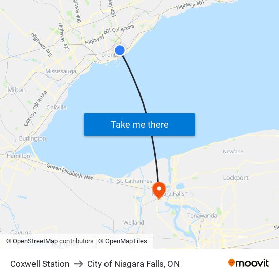 Coxwell Station to City of Niagara Falls, ON map