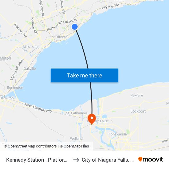 Kennedy Station - Platform A to City of Niagara Falls, ON map