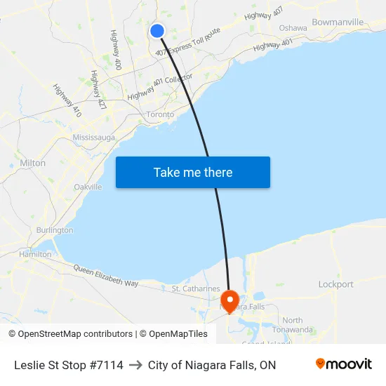 Leslie St Stop #7114 to City of Niagara Falls, ON map