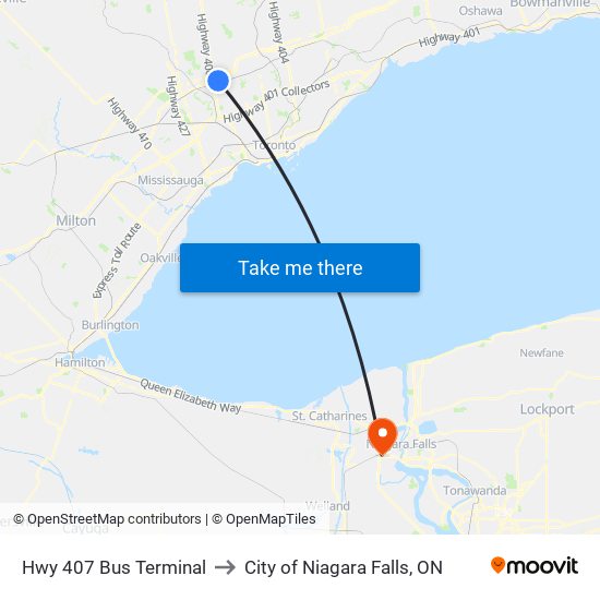 Hwy 407 Bus Terminal to City of Niagara Falls, ON map