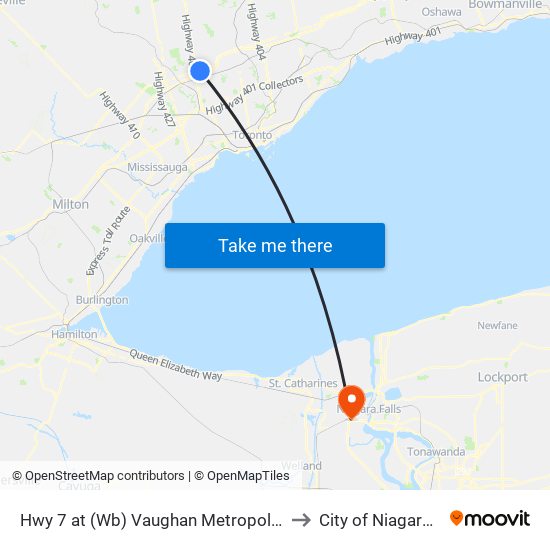 Hwy 7 at (Wb) Vaughan Metropolitan Centre Station to City of Niagara Falls, ON map