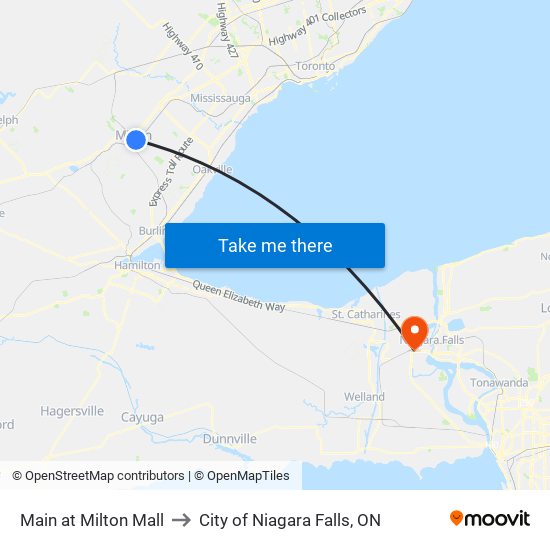 Main at Milton Mall to City of Niagara Falls, ON map