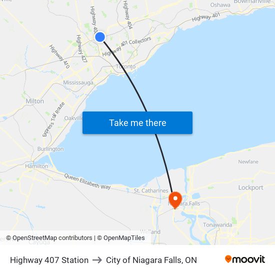 Highway 407 Station to City of Niagara Falls, ON map