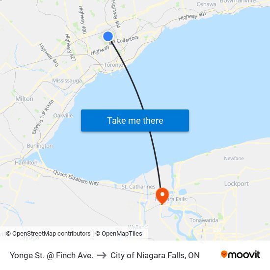 Yonge St. @ Finch Ave. to City of Niagara Falls, ON map