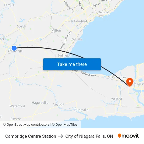 Cambridge Centre Station to City of Niagara Falls, ON map