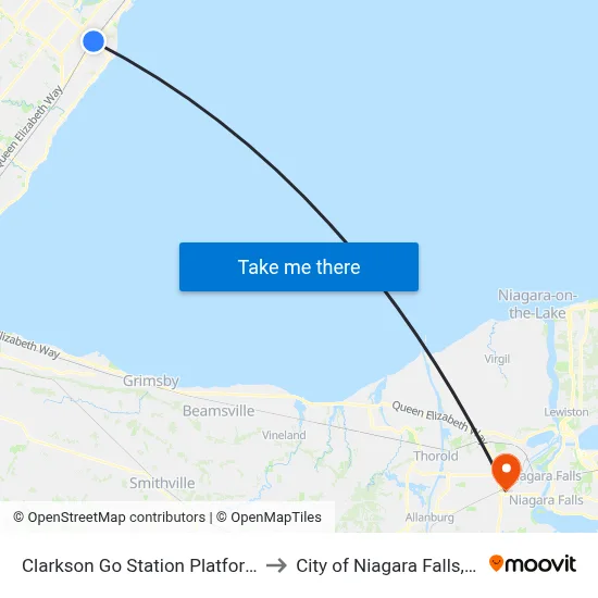 Clarkson Go Station Platform 9 to City of Niagara Falls, ON map