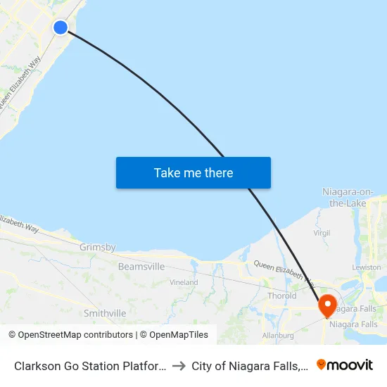 Clarkson Go Station Platform 4 to City of Niagara Falls, ON map