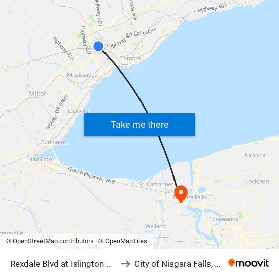 Rexdale Blvd at Islington Ave to City of Niagara Falls, ON map