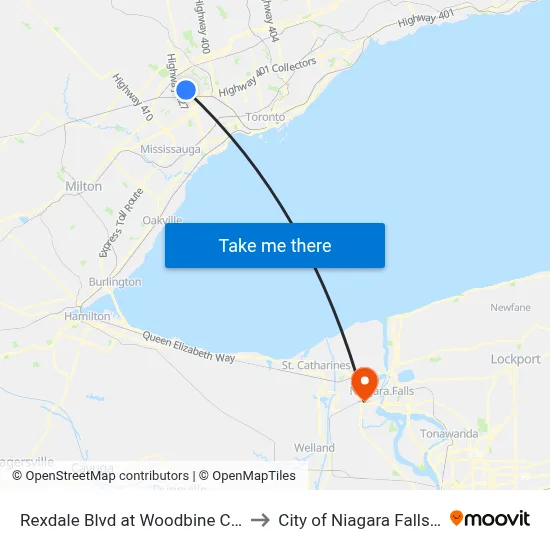 Rexdale Blvd at Woodbine Centre to City of Niagara Falls, ON map