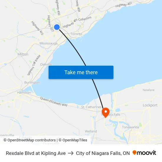 Rexdale Blvd at Kipling Ave to City of Niagara Falls, ON map