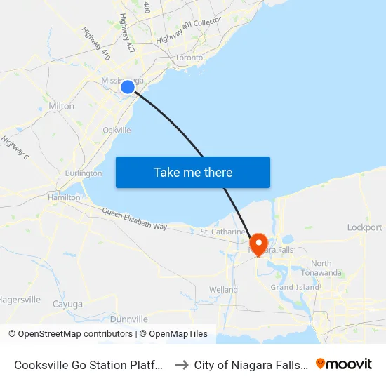 Cooksville Go Station Platform 5 to City of Niagara Falls, ON map