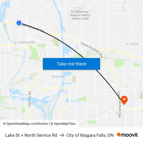 Lake St + North Service Rd to City of Niagara Falls, ON map