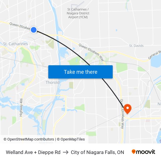 Welland Ave + Dieppe Rd to City of Niagara Falls, ON map