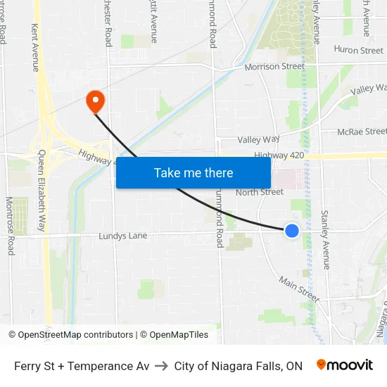 Ferry St + Temperance Av to City of Niagara Falls, ON map