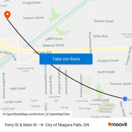 Ferry St & Main St to City of Niagara Falls, ON map