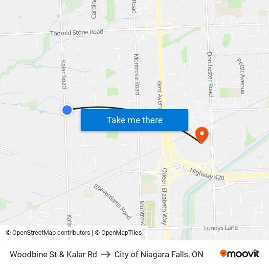 Woodbine St & Kalar Rd to City of Niagara Falls, ON map