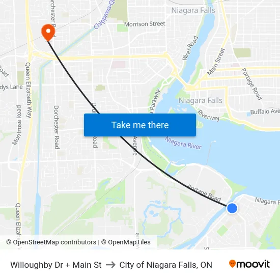 Willoughby Dr + Main St to City of Niagara Falls, ON map